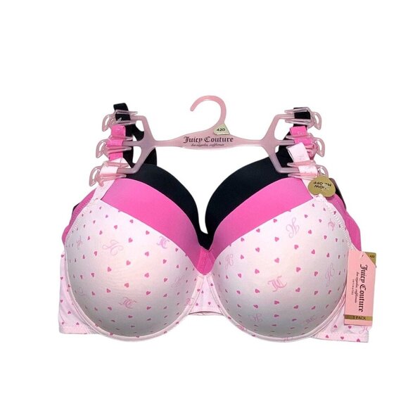 Juicy Couture Light Pink Heart Print, Solid Pink & Black 3 Pc Bra Set Size 42D - Picture 3 of 6